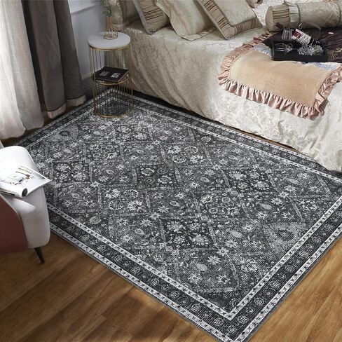 Living Room Rug 8x10 Washable Rug Living Room Rug Moroccan Trellis Accent Rug Vintage Floral Distressed Rug Ultra-Soft Indoor Carpet Non Slip Foldable Thin Rug for Bedroom Nursery Dark Grey in Saudi Arabia