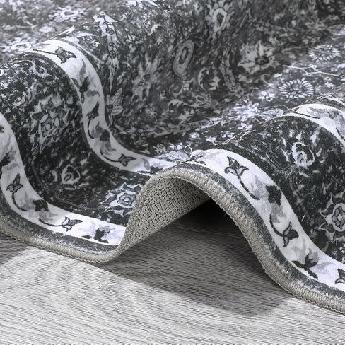 Living Room Rug 8x10 Washable Rug Living Room Rug Moroccan Trellis Accent Rug Vintage Floral Distressed Rug Ultra-Soft Indoor Carpet Non Slip Foldable Thin Rug for Bedroom Nursery Dark Grey in Saudi Arabia