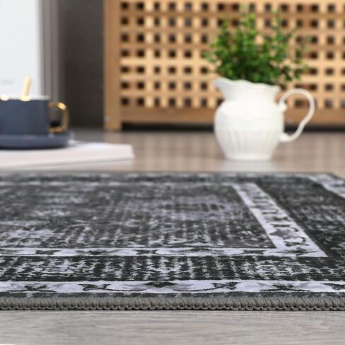 Living Room Rug 8x10 Washable Rug Living Room Rug Moroccan Trellis Accent Rug Vintage Floral Distressed Rug Ultra-Soft Indoor Carpet Non Slip Foldable Thin Rug for Bedroom Nursery Dark Grey in Saudi Arabia