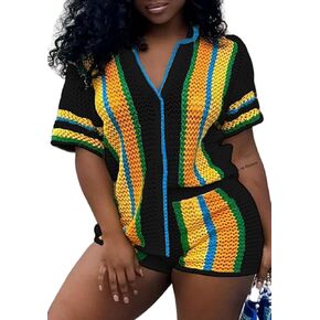 Unybwoon Crochet Sets 2 Piece Women Summer Knit Outfits Button down Shirts Hollow out Shorts See Through Vacation Suits