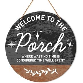 Patio Welcome Sign Decor, Patio Round Hanging Sign Decor Farmhouse Wall Decorations Outdoor Living Wood Sign for Porch, Deck, Backyard, Housewarming Gift for New House Home, Time Well Spent