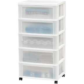 IRIS OHYAMA USA Plastic 5 Drawer Wide Storage Drawer Cart with 4 Caster Wheels for Home, Closet, Bedroom, Bathroom, Office, Laundry, Kitchen, Craft Room, Nursery and School Dorm, White, Set of 1