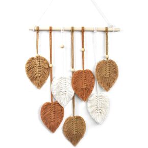 DrCor Macrame Leaf Wall Hanging Brown Boho Macrame Feather Farmhouse Minimalist Aesthetic Wall Room Nursery Bedroom Office Decor