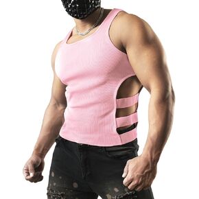 JOGAL Mens Muscle Shirts Cut Open Fitted Gym Workout Tank Tops Sexy See Through Cotton Sleeveless Shirts