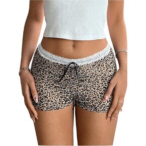 WDIRARA Women's Leopard Print Lace Trim Track Shorts Drawstring Elastic Waist Slim Fit Shorts