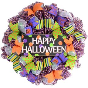 Happy Halloween Door Wreaths | Mesh Outdoor Front Door Wreath; Black Orange Purple Lime Green