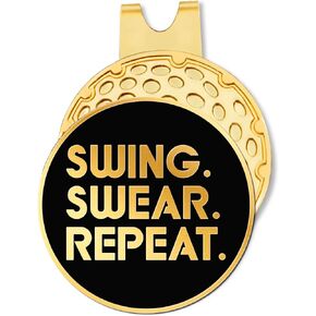 Hafhue Swing Swear Repeat Black Gold Golf Ball Marker with Hat Clip, Funny Golf Accessories and Golf Gifts for Men Women, Birthday for Golf Fan Golfer Golf Lover, Golf Novelty Gift
