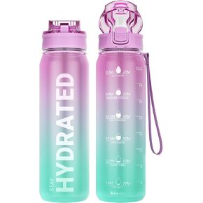 Sahara Sailor Water Bottle, 32oz Motivational Water Bottles with Time Marker, Sports Water Bottle with Silicone Spout and Straw, Tritan, BPA Free, Leakproof Bottle with Wide Mouth