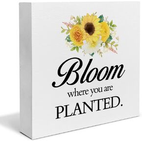 Floral Encouraging Wood Box Sign Desk Decor Bloom Where You are Planted Wood Block Sign Decor for Home Living Room Shelf Wall