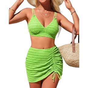 طقم بيكيني نسائي مكون من 3 قطع من Charmo ذو خصر عالي وتغطية كاملة لباس سباحة برباط على شكل حرف V مع تنورة in Kuwait