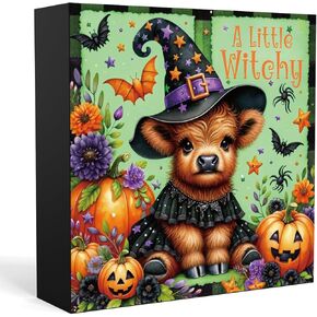 Highland Cow Desk Decor Rustic Wooden Box Halloween Western Decor Sarcastic Witch Stuff Wiccan Witchcraft Supplies Farmhouse Pumpkin Desk Decor Witchy Vibes Wood Sign for Home Table Shelf Tiered Tray