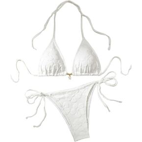WDIRARA Women's 2 Piece Textured Tie Backless Halter Triangle Bikini Sets Summer Solid Swimwear Set