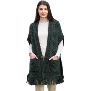 SAOL 100% Merino Wool Shawl/Poncho Sweater/Open Cardigan/Wool Cape with Pockets with Fringe Trim and Trinity Knot Button