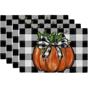 GEEORY Fall Placemats, 12x18 Inch Set of 4 Buffalo Plaid Check Pumpkins Table Decoration for Kitchen Dining, Indoor & Outdoor Dinner Party (Orange Pumpkin) GP085-18
