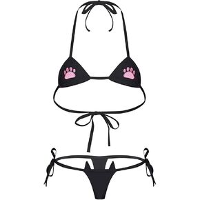 DRHOM Womens Girls Cat Paw Printed Two-Pieces Swimsuit Halter Bra Top and Tie Sides Micro Thong Set Bikinis Swimwear