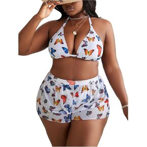 SOLY HUX Women's Plus Size Swimsuit 3 Piece Butterfly Print Halter Triangle Bikini Sets Bathing Suit with Shorts