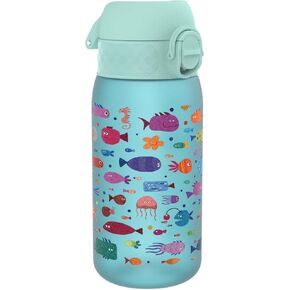 Ion8 Kids Water Bottle, 350 ml/12 oz, Leak Proof, Easy to Open, Secure Lock, Dishwasher Safe, BPA Free, Carry Handle, Hygienic Flip Cover, Easy Clean, Odor Free, Carbon Neutral, Blue, Free Fish Design