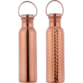 Set of Plain and Hammered Copper Water Bottle with Handle, 600 Ml (20.28 US Fl Oz) For Ayurveda Health Benefits