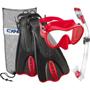 Cressi Italian Design Premium Tempered Glass Lens Frameless Scuba Snorkeling Dive Mask - Dry Snorkel - and Palau Short Snorkeling Fin and Snorkel Set Gear Bag, BKRD-LXL