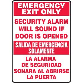 Accuform SBMEXT566VS Adhesive Vinyl Spanish Bilingual Sign, Legend "EMERGENCY EXIT ONLY SECURITY ALARM WILL SOUND IF DOOR IS OPENED/SALIDA DE EMERGENCIA SOLAMENTE LA ALARMA DE SEGURIDAD SONARA AL ABRIRSE LA PUERTA", 14" Length x 10" Width x 0.004" Thickne