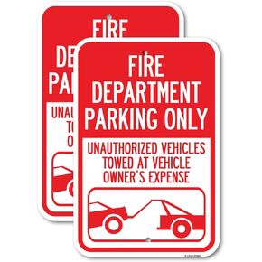 (2 Pack) Fire Department Parking Only Unauthorized Vehicles Towed at Owner Expense with Graphic | 12" X 18" Heavy-Gauge Aluminum Sign | Rust Free Aluminum, Weather Resistant, Waterproof