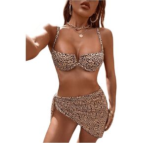 SHENHE Women's 3 Piece Swimsuit Leopard Bikini Underwire Bikini Set with Sarong Cover Up
