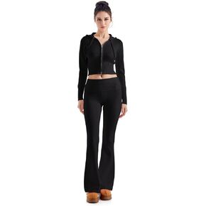 SUUKSESS Women 2 Piece Fall Sets Cropped Zip Up Hoodie Foldover Flare Leg Pants