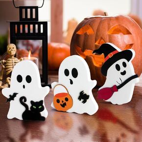 3 Pcs Halloween Ghost Decor - Cute Ghost Halloween Decorations Indoor, Wooden Tiered Tray Decor Table Sign Set, Halloween Table Decor Witch Broom Pumpkin Bat Blocks for Party Home Shelf Display