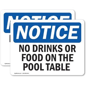 (2 Pack) No Drinks Or Food On Pool Table OSHA Notice Sign 5 Inch X 3.5 Inch Vinyl Label Decal Sticker Weather Resistant, UV Protected for Workplace, Business, and Construction Site, Made in the USA