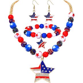 4th of July Jewelry Sets Decorations American Flag Star Pendant Necklace and Bracelet for Women, Patriotic Rhinestone Star Heart Drop Earrings, Colorful Beaded Stretch Bracelet, Independence Day Decorations Holiday Gift