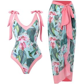 Women's 2 Pieces Bikini Set Floral Print Tummy Control Swimsuit with Cover up Wrap Skirt