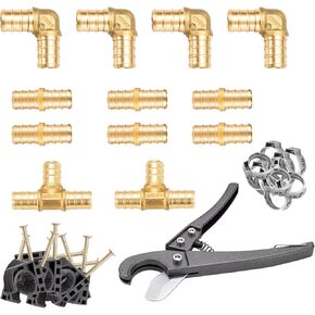 (21 Pack of 7 Items) 1/2 Inch PEX Fitting Kit, 1/2 Inch 3 Each Elbows, Tees, Couplings, Plugs, MPT adapters, FPT adapters & Drop Ear Elbows
