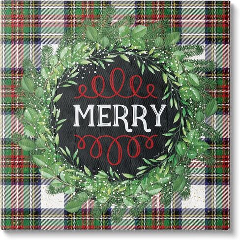 Stupell Industries Merry Sentiment Winter الصنوبر إكليل أخضر عيد الميلاد منقوش على قماش جدار الفن، 17 × 17 in Saudi Arabia