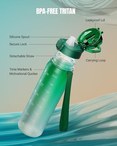 Sahara Sailor Water Bottle, 32oz Motivational Water Bottles with Time Marker, Sports Water Bottle with Silicone Spout and Straw, Tritan, BPA Free, Leakproof Bottle with Wide Mouth in Saudi Arabia