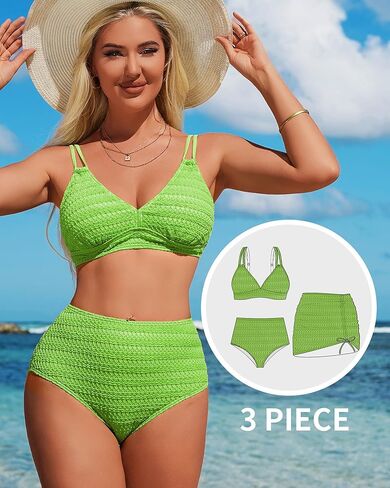 طقم بيكيني نسائي مكون من 3 قطع من Charmo ذو خصر عالي وتغطية كاملة لباس سباحة برباط على شكل حرف V مع تنورة in Kuwait