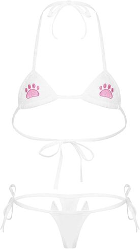 DRHOM Womens Girls Cat Paw Printed Two-Pieces Swimsuit Halter Bra Top and Tie Sides Micro Thong Set Bikinis Swimwear in Kuwait