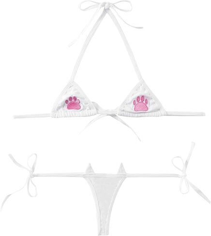 DRHOM Womens Girls Cat Paw Printed Two-Pieces Swimsuit Halter Bra Top and Tie Sides Micro Thong Set Bikinis Swimwear in Kuwait