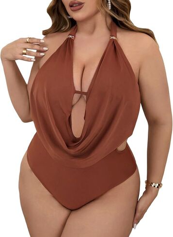 WDIRARA Women's Plus Size Swimwear Draped Cut Out Halter Backless Swimsuit Monokini One Piece Bathing Suit in Saudi Arabia