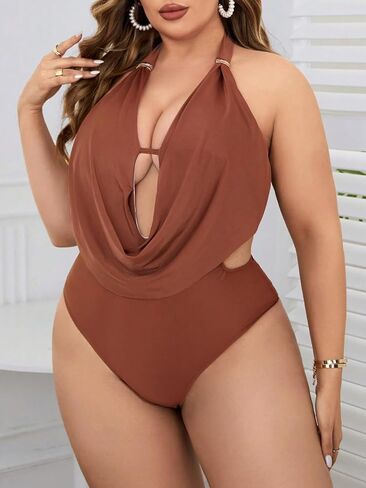 WDIRARA Women's Plus Size Swimwear Draped Cut Out Halter Backless Swimsuit Monokini One Piece Bathing Suit in Saudi Arabia