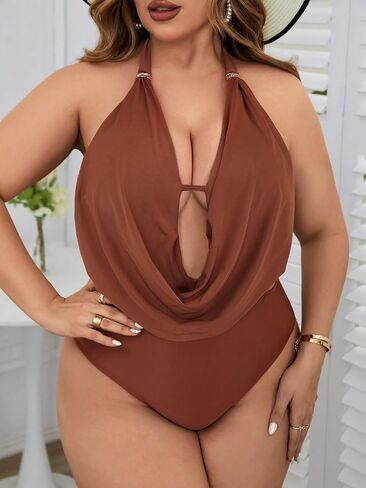 WDIRARA Women's Plus Size Swimwear Draped Cut Out Halter Backless Swimsuit Monokini One Piece Bathing Suit in Saudi Arabia