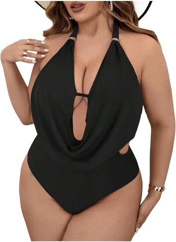 WDIRARA Women's Plus Size Swimwear Draped Cut Out Halter Backless Swimsuit Monokini One Piece Bathing Suit in Saudi Arabia