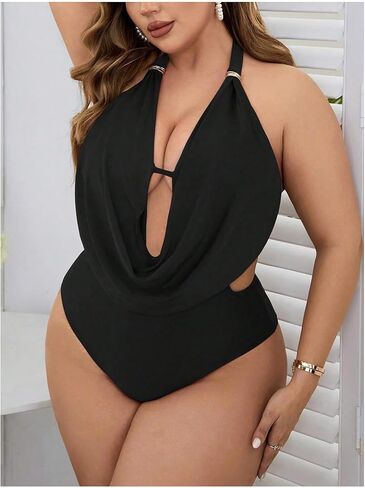 WDIRARA Women's Plus Size Swimwear Draped Cut Out Halter Backless Swimsuit Monokini One Piece Bathing Suit in Saudi Arabia