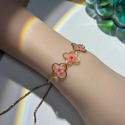 Four Leaf Clover Bracelet - Daffodil Pressed Flower Bracelets for Women,Boho Bracelets,Cute Bracelets,Bridesmaid Bracelet,Meaningful Blessing Gift | Adjustable (Gold) in Saudi Arabia