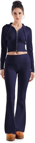 SUUKSESS Women 2 Piece Fall Sets Cropped Zip Up Hoodie Foldover Flare Leg Pants in Saudi Arabia