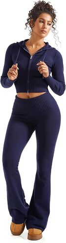 SUUKSESS Women 2 Piece Fall Sets Cropped Zip Up Hoodie Foldover Flare Leg Pants in Saudi Arabia