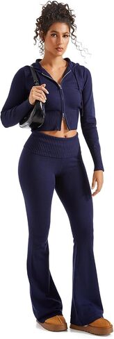 SUUKSESS Women 2 Piece Fall Sets Cropped Zip Up Hoodie Foldover Flare Leg Pants in Saudi Arabia