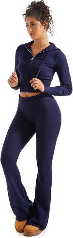 SUUKSESS Women 2 Piece Fall Sets Cropped Zip Up Hoodie Foldover Flare Leg Pants in Saudi Arabia
