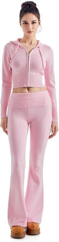 SUUKSESS Women 2 Piece Fall Sets Cropped Zip Up Hoodie Foldover Flare Leg Pants in Saudi Arabia