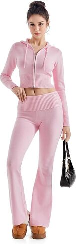 SUUKSESS Women 2 Piece Fall Sets Cropped Zip Up Hoodie Foldover Flare Leg Pants in Saudi Arabia