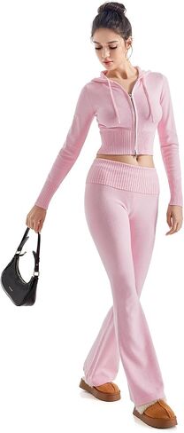 SUUKSESS Women 2 Piece Fall Sets Cropped Zip Up Hoodie Foldover Flare Leg Pants in Saudi Arabia